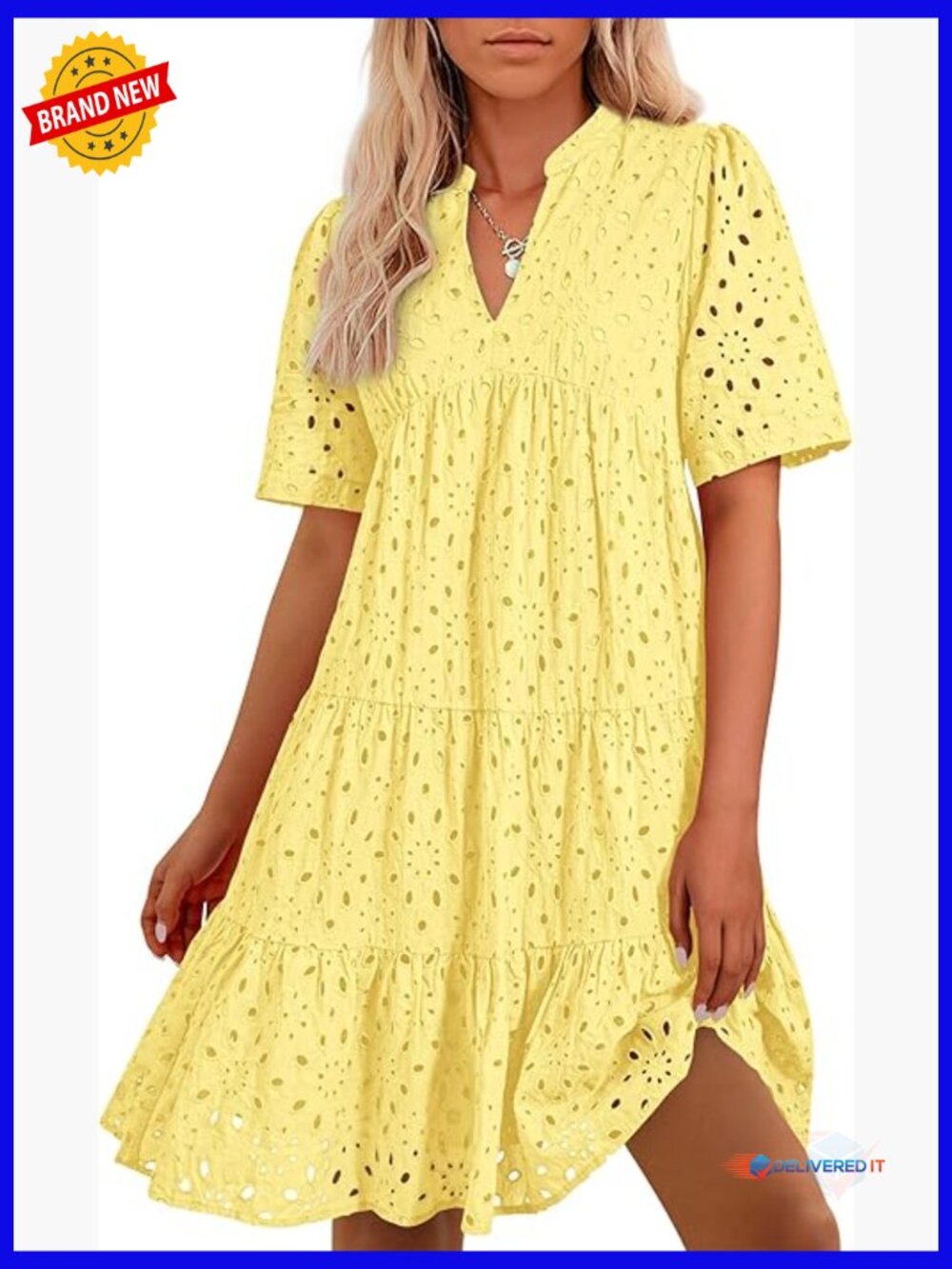 Womens Boho Summer Mini Dress V Neck Short Sleeve Lace Eyelet A-Line Casual